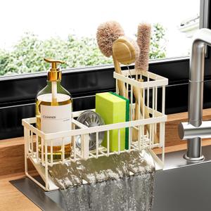 Cisily Off White Sponge Holder for Kitchen Sink, Sink Caddy Organizer with High Brush Holder, Kitchen Countertop Rustproof 304 Stainless Steel, Soap Dispenser Kitchen Organizers and Storage Essentials (9.25)