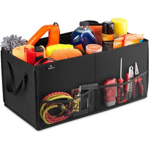 Handy Laundry Car Trunk Organizer  Large 2 Compartment Storage Bin with Non-Slip Fastener, Mesh Side Pockets & Heavy-Duty Handles, 22 x 10 x 11 in, Black  Prevents Shifting & Rolling