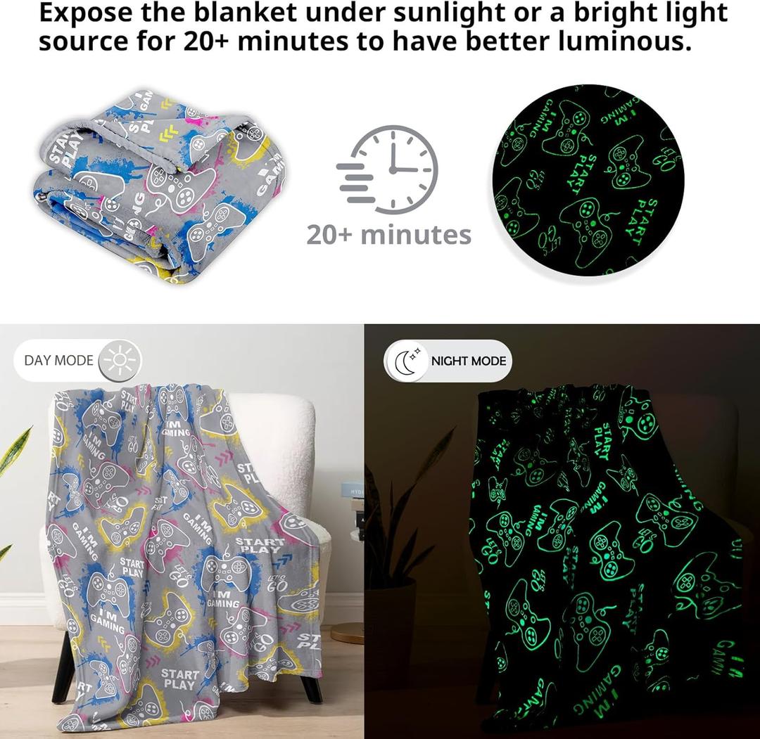 Wesan Gaming Gamer Glow in The Dark Blanket Boys Kids Teens Birthday Christmas Easter Age 1 to 13 Video Game Toys Fun Fluffy Plush Throw 50"x60"