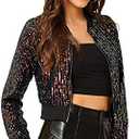 Allegra K Women Cropped Sequin Jacket 2025 Long Sleeve Front Zip Glitter Sparkly Bomber Jackets Party Disco Outfit Large