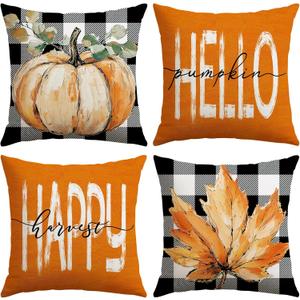 Artscope Fall Decorative Throw Pillow Covers 20x20 Inch Set of 4, Hello Happy Autumn Pumpkin Buffalo Plaid Maple Leaves Harvest Outdoor Farmhouse Pillow Cases for Home Sofa Couch-Orange B