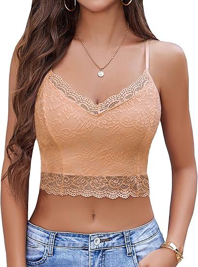 Avidlove Lace Bralette for Women Spaghetti Strap Tank Top V Neck Slim Basic Camisoles, Small, Beige 