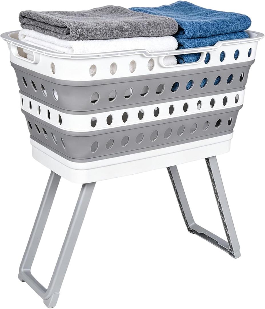 Collapsible Laundry Basket with Legs, Plastic Hamper with Stand, Gray, One Size
