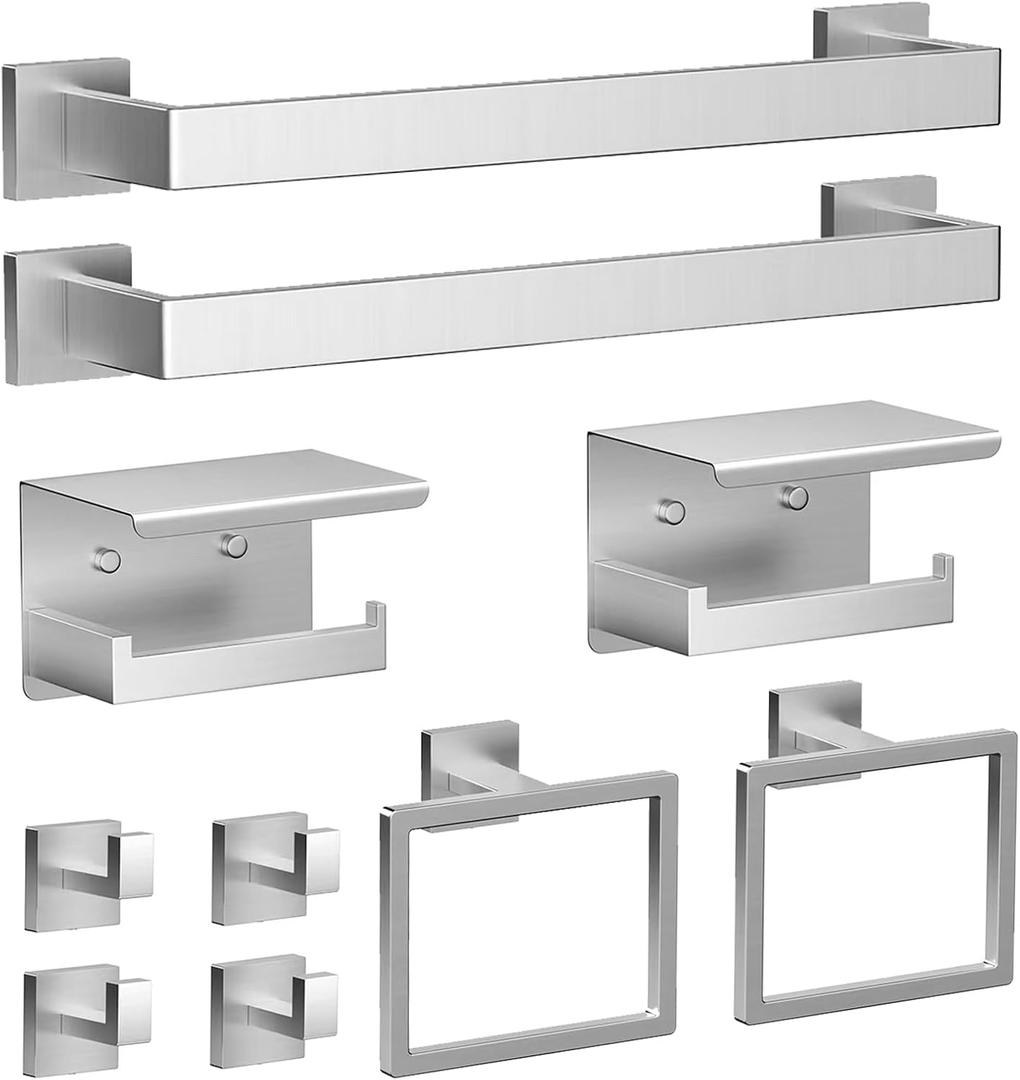 Brushed Nickel Bathroom Towel Bar Set 10 Pieces, Stainless Steel Towel Racks Set with 216 InchTowel Bars, 2Toilet Paper Holder, 2Towel Rings, 4 Robe Hooks for Bathroom