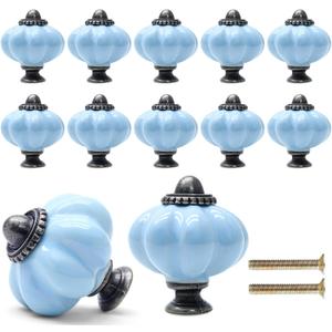 12 Pack Light Blue Pumpkin Knobs Ceramic Cabinet Knobs Retro Dresser Knobs Vintage Drawer Knobs Pulls for Vanity, Closet