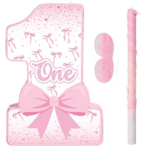 Blosssound Pink Bow Piata Girl 1st Birthday Party Decorations Supplies Number One Piata Set with Stick Blindfold for Pink Coquette Theme Birthday Baby Shower Celebration Decorations (Bow)