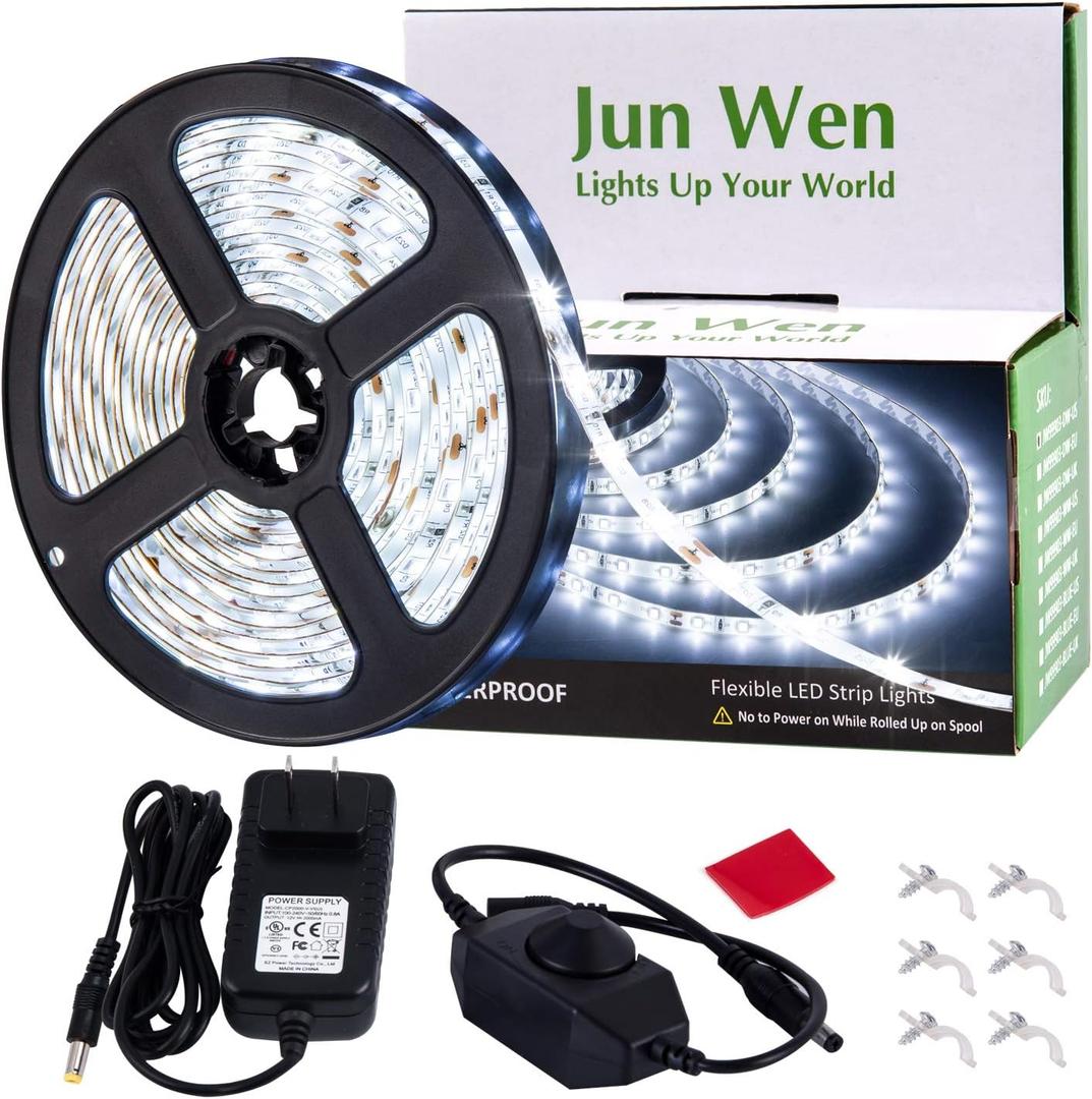 16.4ft White Led Strip Lights, 12V Outdoor Led Strip Lights Flexible Led Light Strip Indoor Plug in Cuttable SMD2835 Dimmable Led Strip Light for Bedroom Cabinet Kitchen TV Hallway (Daylight White)