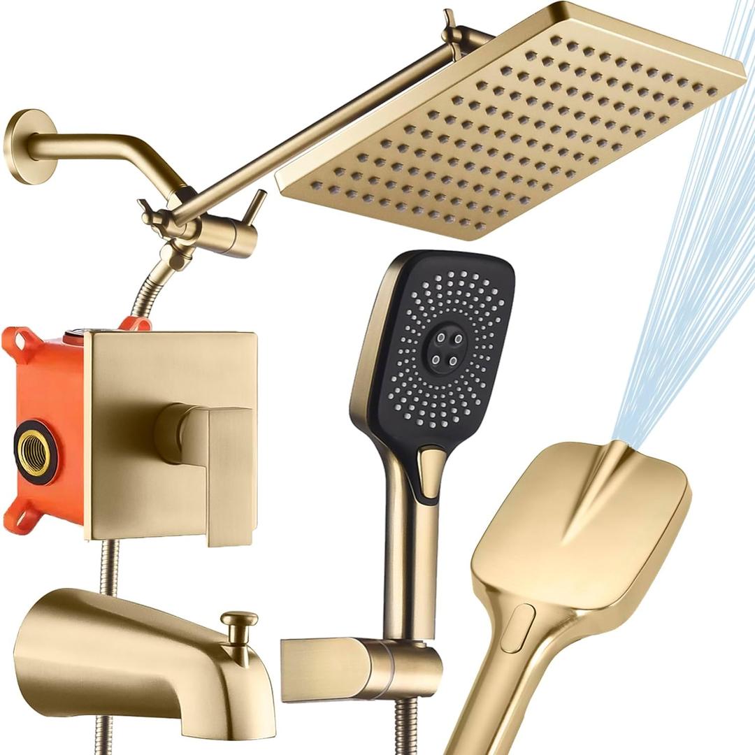 Shower Faucet Set with Tub Spout Brushed Gold 10 Inch Rainfall Shower 4 Setting Spray Mixer Shower System Modern Luxury Wall Mounted Tub Shower Faucet Set Rough-in Valve Body (Brushed Gold)