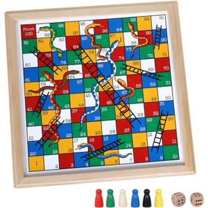 Gothink Wooden Snakes and Ladders Game - 13 Inch Educational Board Game for Children Ages 3 and Up & Adults - Classic Board Game Includes 6 Counters & 2 Dice, Rules