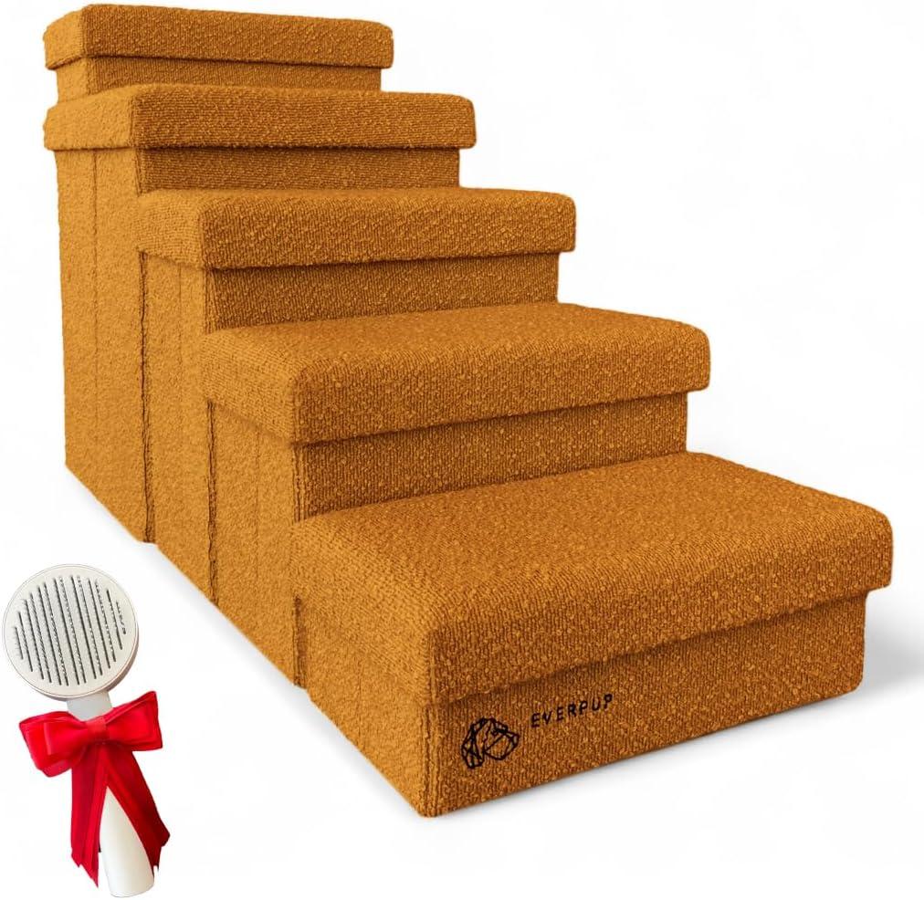 5-Step Dog Stairs for Small, Medium Dogs with Storage Box - Durable Folding Pet Steps, Padded Lid and Container; Dog Steps for Bed and Couch + Hair Brush Gift (Terracotta, Large, 5.0)