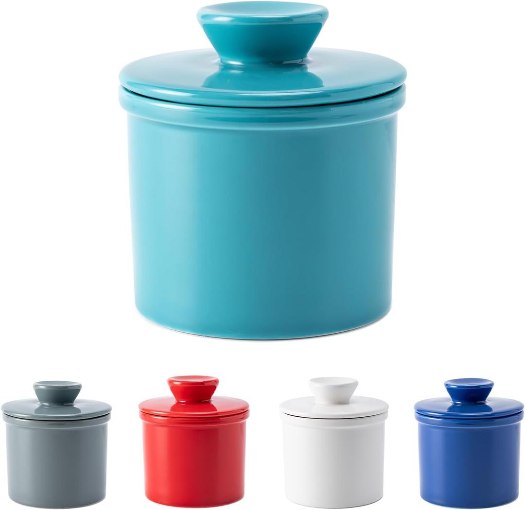 Butter Crock with Water Line for Countertop, French Butter Dish with Lid, Ceramic Butter Keeper for Fresh Spreadable Butter, Butter Container Holder for Kitchen and Home Decor, Turquoise