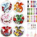 BEUNITONE 6 Sets Embroidery Kits for Beginners with Dragon and Flowers Patterns, DIY Craft Kits for Adults Include Embroidery Hoops and Instructions, Needlepoint Kits for Craft Lover and Home Decor