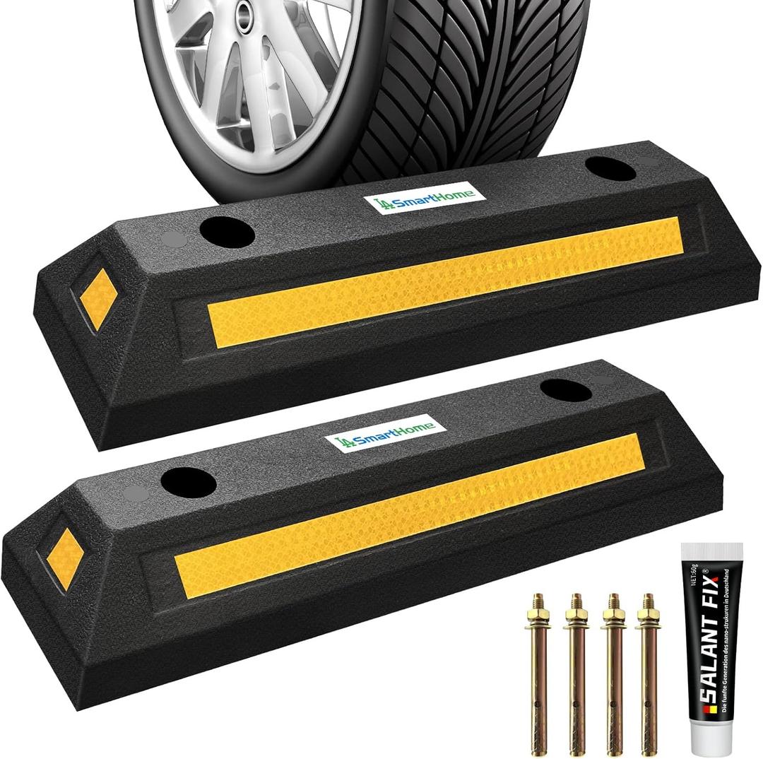 Car Parking Stopper  2PCs Heavy Duty Rubber Curb Car Stop for Garage and Driveway, Parking Aid, 18 Tire Wheel Stop for Cars, Vans, Trucks  Prevents Hitting Wall or Barrier  Easy Installation