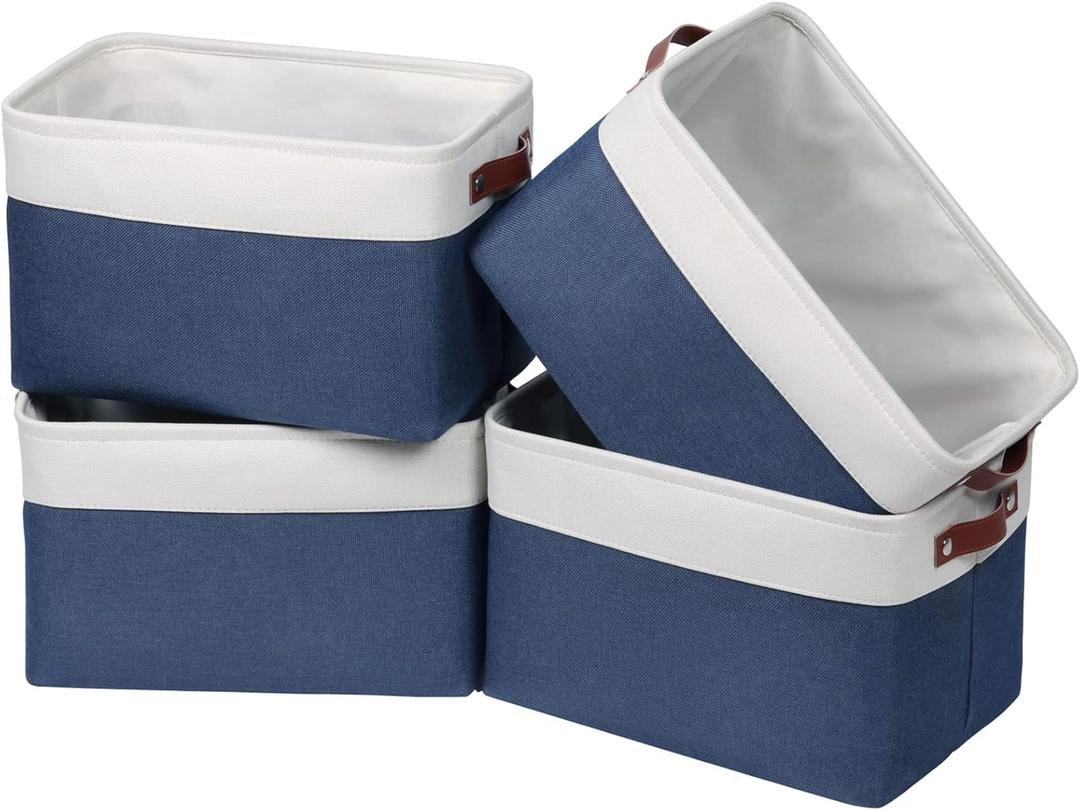 Univivi 4PC Large Storage Baskets Foldable Fabric Storage Bins for Closet Shelf for Organizing Blue Storage Baskets with Handles|Hard Bottom (15X10.5X9.5)