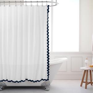 Embroidered Scalloped Cotton Shower Curtain Linen Textured with 12 Metal Hooks, 72 x 72 Inch Washable Waterproof Cloth Shower Curtains with Navy Blue Border for Bathroom Hotel Bathtub