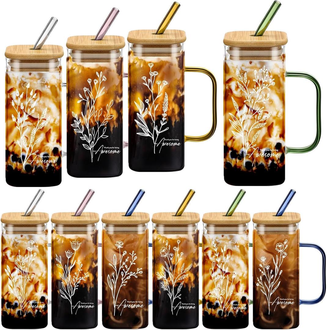 10 Pcs Thank You Glass Cups 13.5 oz Team Appreciation Cups for Employee with Handle Lid Thank You for Being Awesome Drinking Tumbler for Teacher Nurse Office Staff Coworker (Awesome Style)