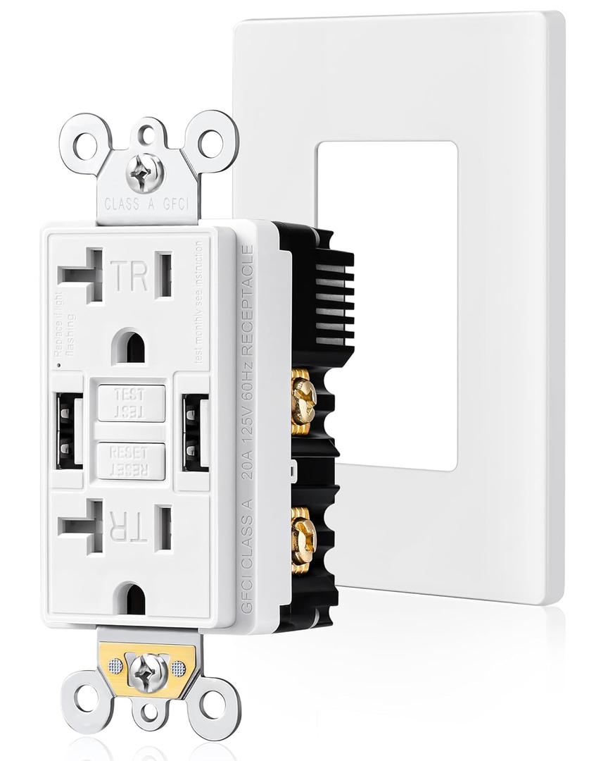 SURAIELEC 20 Amp GFCI Outlet with Dual USB-A Ports – Self-Test GFCI Receptacle, Tamper-Resistant, Wall Plate Included, ETL Listed, Indoor Electrical Outlet for Kitchen, Bathroom, White, 1-Pack