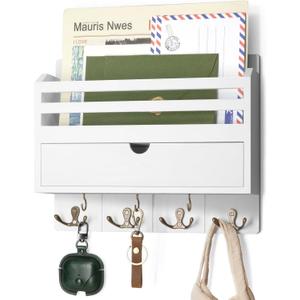 Rebee Vision Decorative Mail Organizer Wall Mount - Modern Key and Mail Holder for Wall with Drawer Organizer and 7 Key Hooks - Wall Decor Living Room for Apartment Essentials (White)