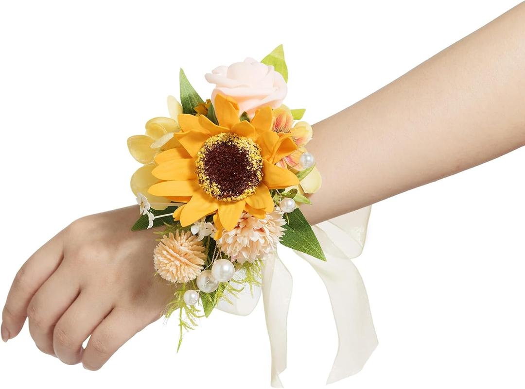Ling's  Moment 2pcs Prom Wrist/Shoulder Corsage Artificial Flower, Girl/Mother Homecoming/Wedding Corsage Wristlet Dcor, etc. Sunflower Yellow