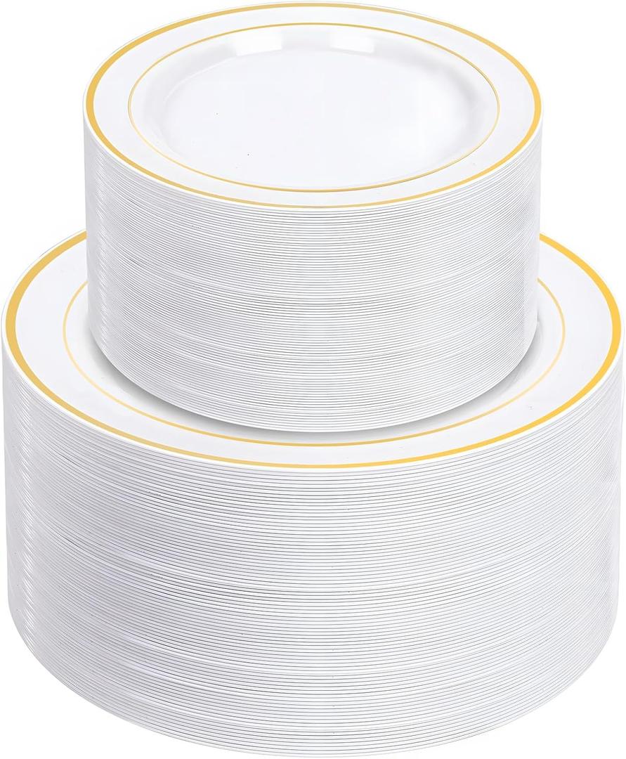 NOCCUR 200PCS Gold Plastic Plates - 100 Dinner / 100 Dessert Disposable Plates Heavy Duty - Ideal for Wedding/Party/New Year