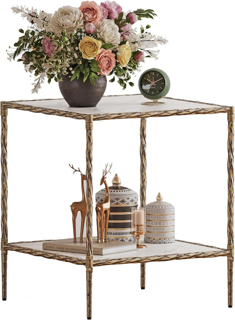 20" Square Sintered Stone End Table, Modern Marble Look Side Table with Open Storage Shelves, Accent Table with Antique Brass Gold Frame for Living Room, Bedroom, 19.69"D x 19.69"W x 24.02"H