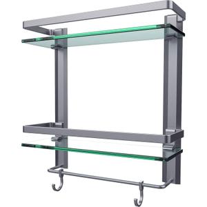 Vdomus Glass Bathroom Wall Organizer - 2-Tier Glass Shelf with Integrated Towel Bar - Wall Mounted Shower Storage - 15.2 by 5 inches - Brushed Silver Finish