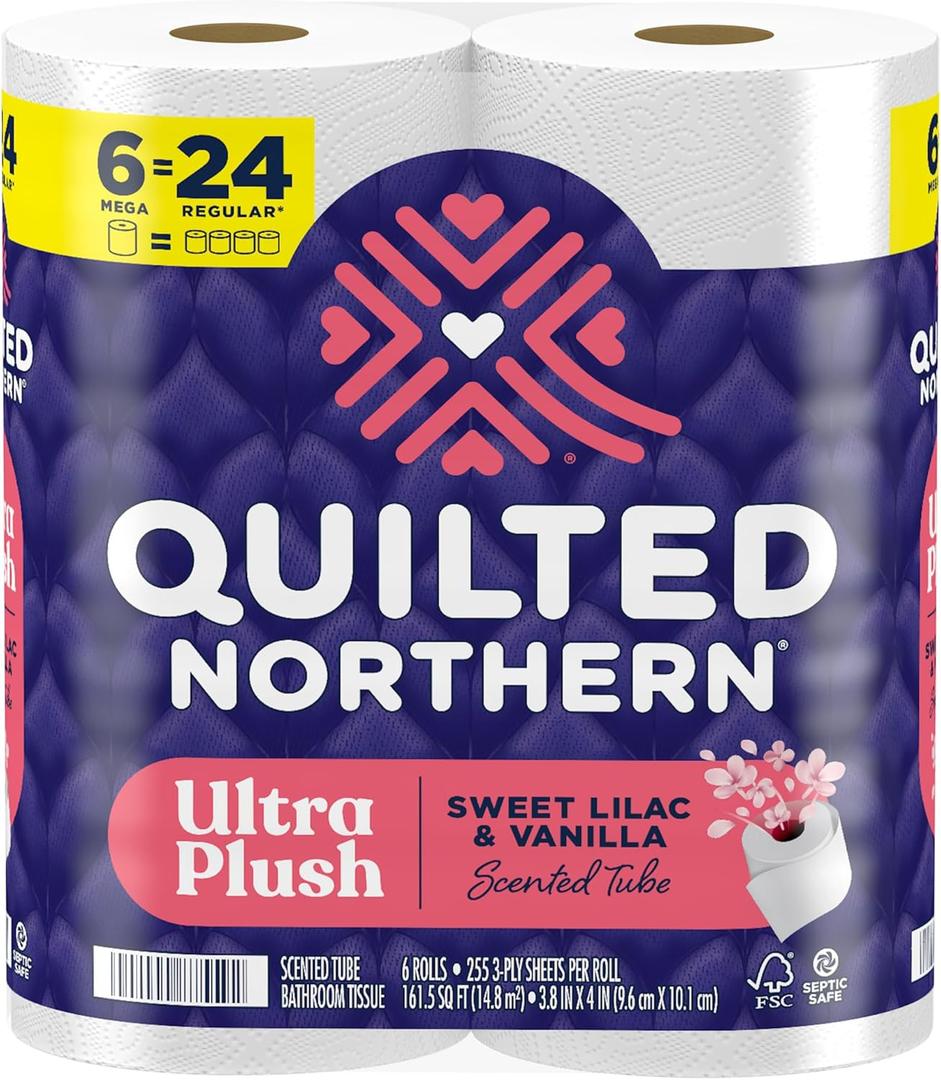 Quilted Northern Ultra Plush Toilet Paper with Sweet Lilac & Vanilla Scented Tube, 6 Mega Rolls = 24 Regular Rolls, 3 Ply Soft Toilet Tissue