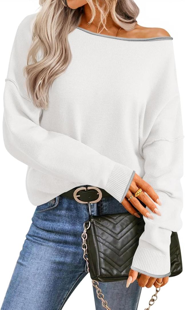 Saodimallsu Womens Off The Shoulder Sweater Oversized Long Sleeve Knit Sweaters 2025 Casual Color Block Trendy Jumper Tops (White)