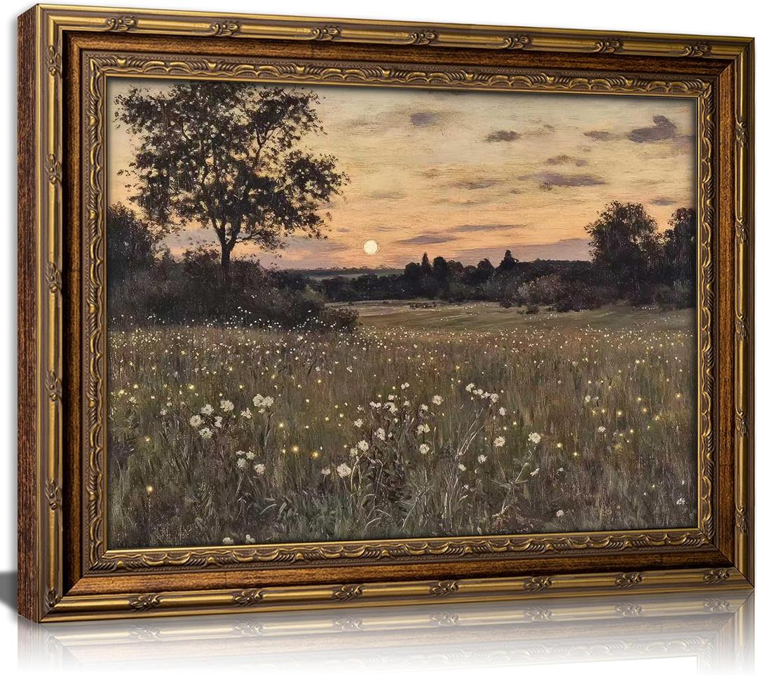 Vintage Gold Framed Canvas Wall Art Rustic Floral Field Nature Landscape Painting Picture Wall Decor Twilight Firefly Poster Print Artwork for Living Room Bedroom Home Decoration