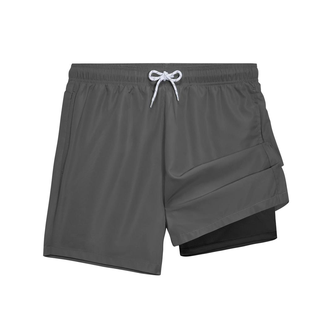 SurfTrak Mens Swim Trunks 5 Inch with Compression Liner Bathing Suit Quick Dry Beach Swim Shorts Lightweight Pockets Grey (Gray, L)
