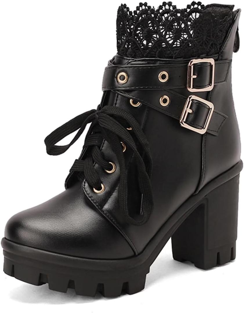 MEOTINA Goth Platform Boots Lace Buckle Gothic Cosplay Booties Chunky High Heels Ankle Boots Zipper Punk Shoes (10.5)