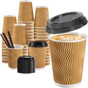 SIUQ 12 oz Coffee Cups-90 Pack Disposable Coffee Cups with Lids and Straws, Insulated Ripple Wall To Go Paper Coffee Cup for Coffee, Hot Chocolate and Hot Tea Drinks - Champagne