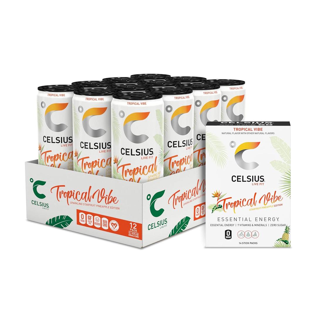 CELSIUS Zero Sugar Energy Drink & Powder Stick Bundle, Tropical Vibe (BB: February 2026)