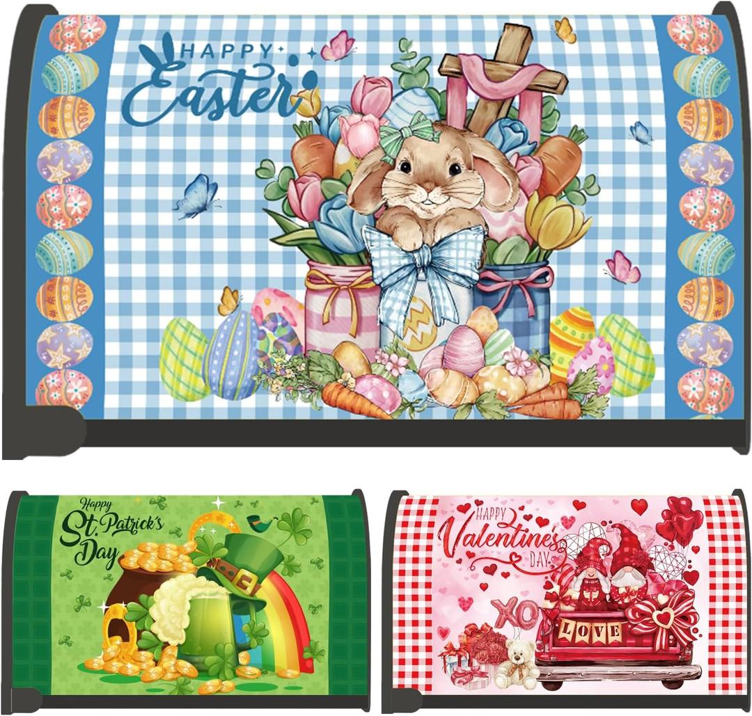 Mailbox Covers Magnetic Standard Size 18" X 21", 3PCS Valentines Day Easter St. Patrick's Day Mailbox Cover, Seasonal Post Letter Box Cover Wraps Decor for Outdoor Garden