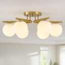 6 Lights Sputnik Ceiling Light Fixture,Semi Flush Mount Ceiling Light Sputnik with Milk Glass Globe, Brushed Brass Chandelier for Living Room, 25.98‘’ Large Mid Century Modern Fixture, 6-Gold Lights