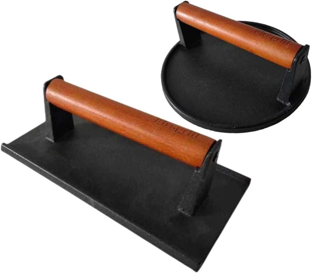 Burger Press 7.08" Round & 8.3X4.3Rectangle Heavy-Duty Cast Iron Smash Meat Steak With Wood Handle for Blackstone Camp chef Pitboss Weber Treager Griddle Grills (Round & Rectangle)