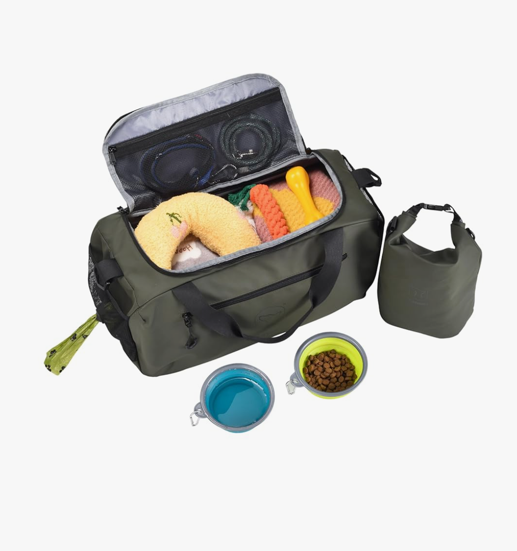 ta-stories 2-in-1 Dog Travel Organizer – Stylish Main Bag with 8-Pocket Organizer, XL Food Container Poop Bag Dispenser | Cabin-Size | Waterproof
