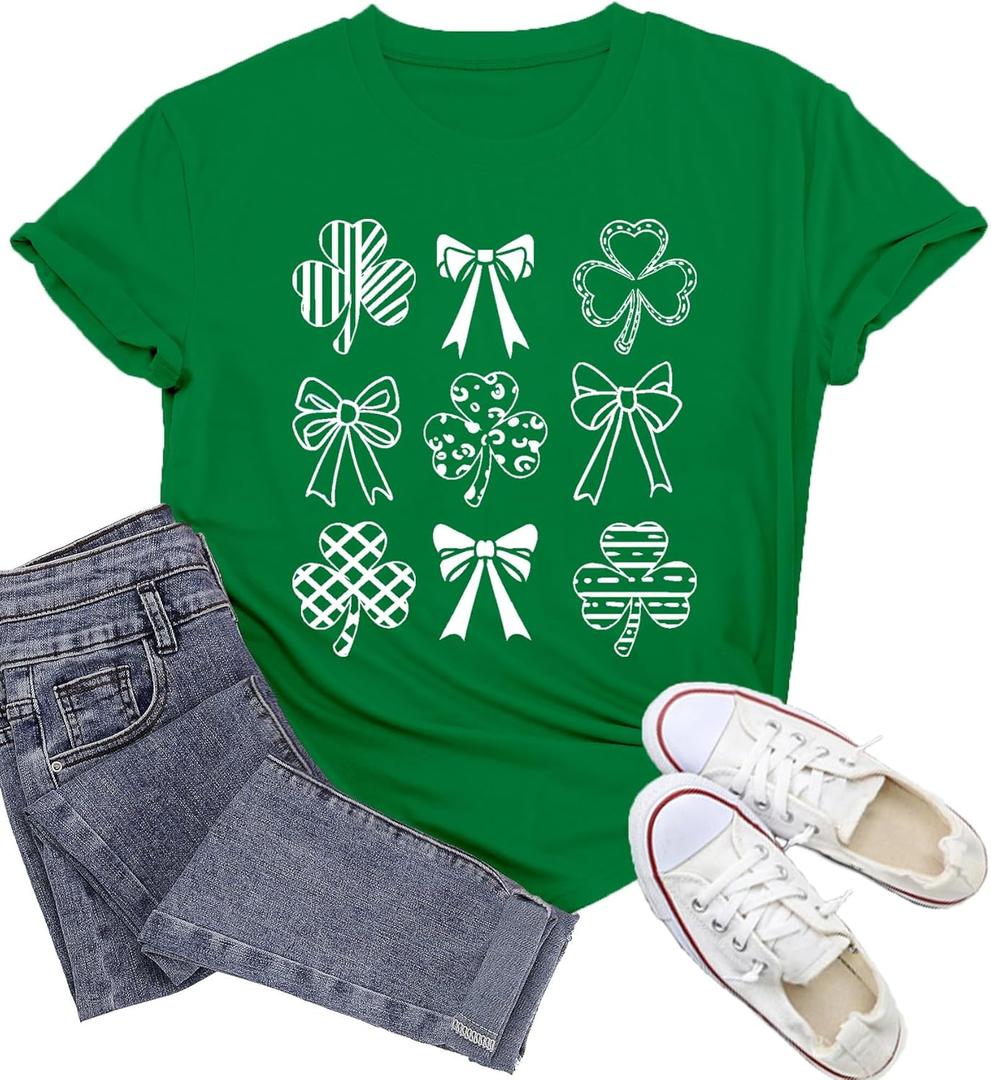St Patricks Day Shirt Women Irish Bow T-Shirts Lucky Shamrock Tee Tops (Green, XL)