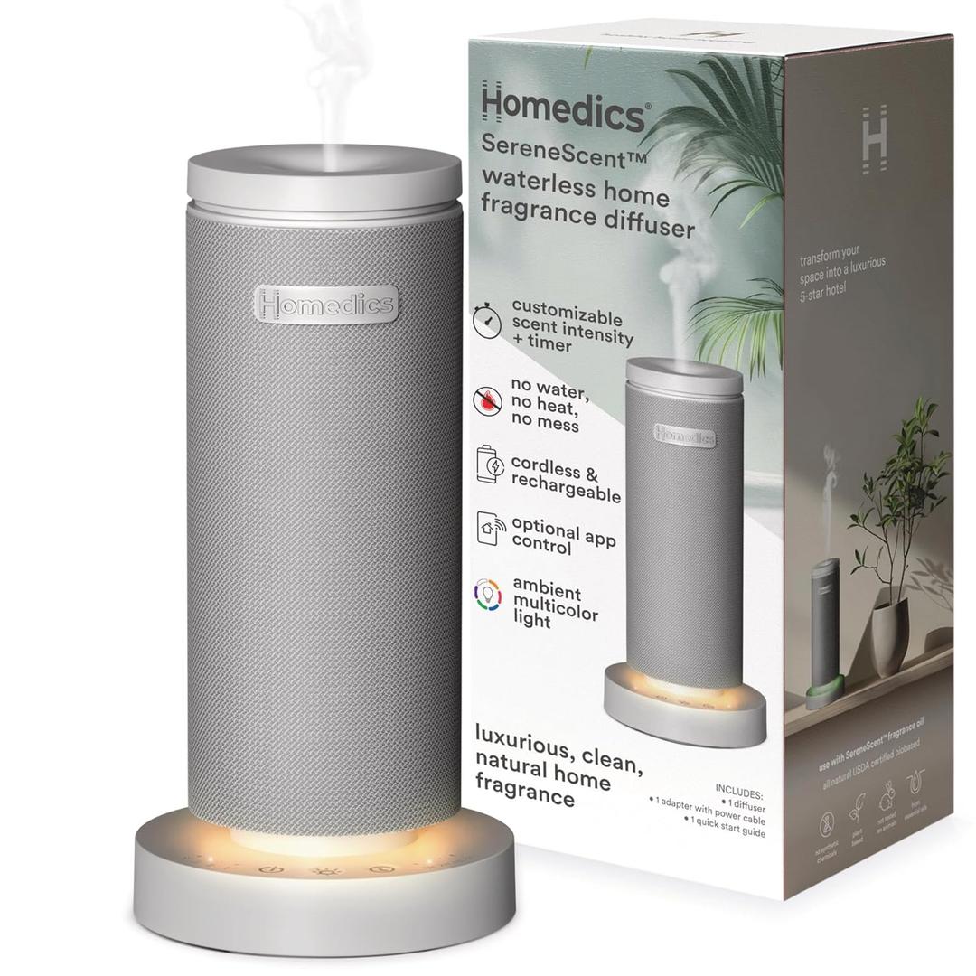 Homedics SereneScent Mini Fabric Rechargeable Waterless Diffuser, Cordless Aromatherapy Device, Use with SereneScent Oil 15ml (Sold Separately), Adjustable Mist Intensity & Ambient Light, Gray (Grey)