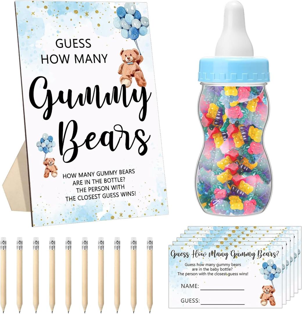 Qilery 122 Pcs Baby Shower Games Guess How Many Bears 100 Guessing Cards 20 Pencils 1 Bottle 1 Wood Standing Sign for Baby Shower Games Gender Reveal Party Decoration(Blue)