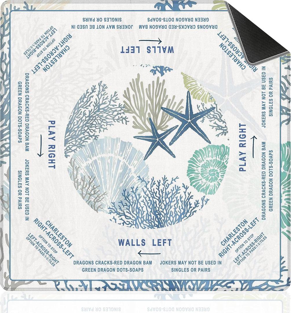 Blue and White Coastal Beach Mahjong Mat with Rules for Table 31.5x31.5, Gifts for Mahjong Players, Nautical Starfish Coral Non-Slip Noise Reduction Mahjong Table Mat, Blue Beach Gifts Decor for Women