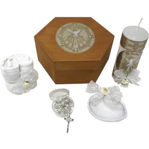 Catholic Baptism Candle Set in a Wooden Box with Towel, Candle, Rosary and Shell for Baby Boys and Girls. Handmade in Mexico