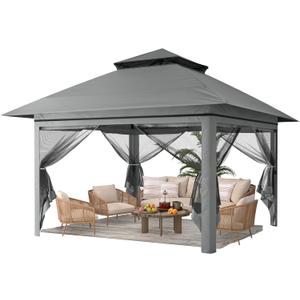 Driftalia 13x13 Pop Up Gazebo, Instant Outdoor Gazebo with Mosquito Netting, Vented Roof and Carry Bag for Patio, Garden & Backyard - Dark Gray