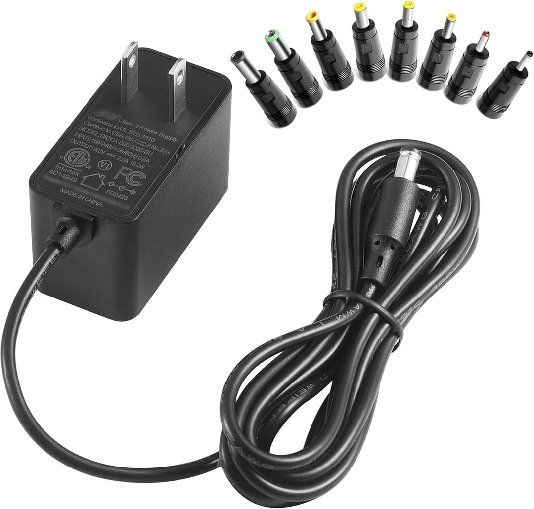 Universal 9V 2A Power Supply Charger 6.6FT, 100-240V AC Adapter to DC 9V 2A 1.8A 1.5A 1A 0.8A 0.5A Power Cord 8 Interchangeable plugs for Arduino UNO R3, Schwinn Bike, Crosley Cruiser Record Player