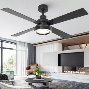 52 Inch Black Ceiling Fan with Light and Remote, 3CCT Dimmable Ceiling Fans with Lights, Reversible Motor, Dual-Sided Blades Modern Ceiling Fan for Bedroom Living Room Patio Indoor Outdoor Use (Matte Black-Dark Walnut)