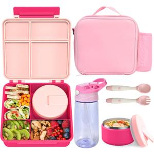 Kids Bento Lunch Box with 8oz Soup Thermo, Water Bottle, Leakproof Lunch Food Containers with 4 Compartment, Kids Insulated Hot Food Jar with Lunch Bag for School(Pink)