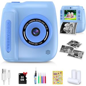 Kids Camera Instant Print, 2.4 Inch Screen Kids Instant Cameras, 1080P Video Recording, Christmas Birthday for Girls Age 3-12, with 3 Rolls Print Paper & 32GB Card, Blue