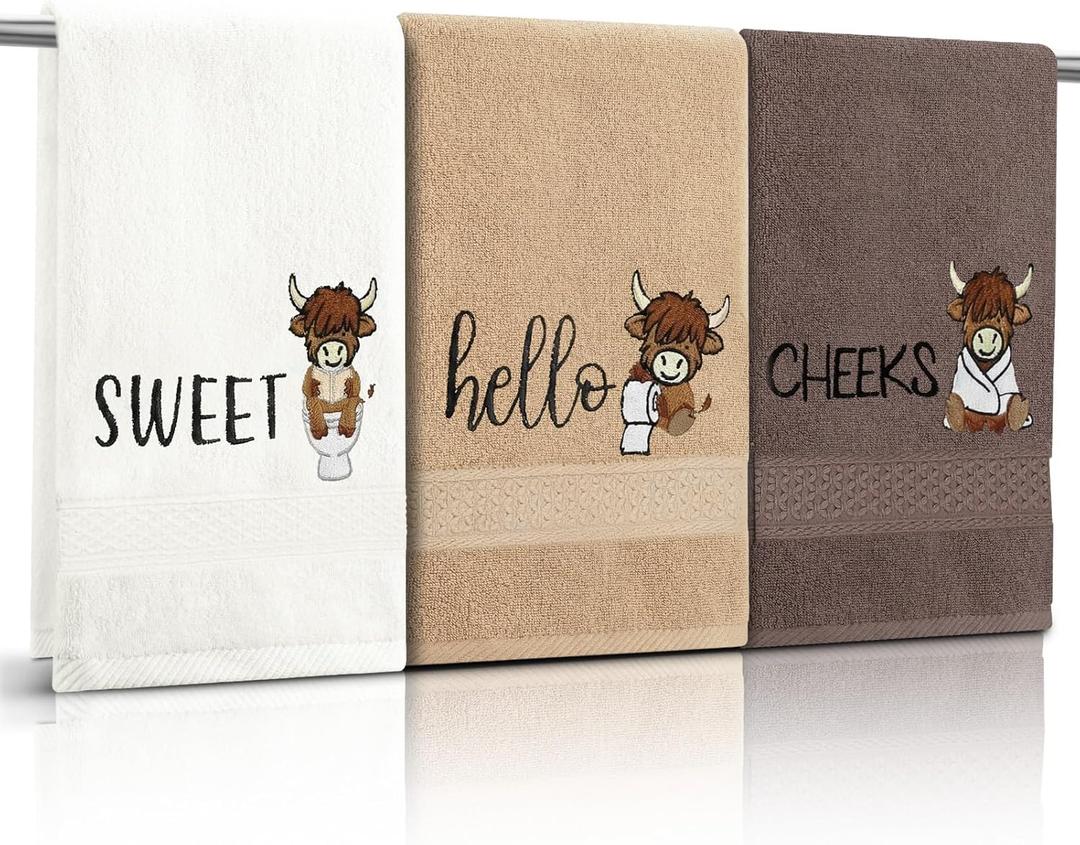 3 Pack Highland Cow Hello Sweet Cheeks Embroidered Cotton Hand Towels 13x30 Inch Rustic Farmhouse Bathroom Decor Soft Absorbent Towel Set for Kitchen Gift