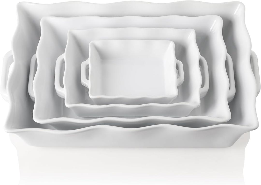 Sweejar Casserole Dishes for Oven, Ceramic Bakeware Set of 4, Rectangular Baking dish with Handles, Wave Edge Lasagna Pan Deep for Cooking, Cake, Dinner, Banquet and Daily Use (White)