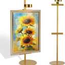 Adjustable Desktop Photo Frame Stand with Magnetic Wall Painting Light, Holds Picture Frames up to 30 Inch, with Rechargeable Battery, Metal Vertical Stand with 3 Color Temperature & 13RGB Poster Lights, for Displaying Picture Frames, Artworks (1 Pack, Gold)